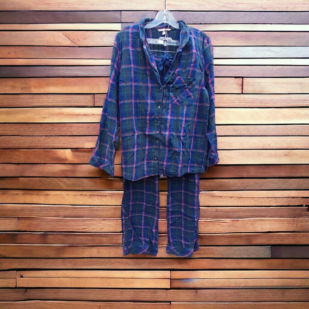 Victorias Secret Flannel Dark Plaid Long Pants Pajama Set 2 pc Cozy M